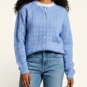Light Academia Cornflower Blue Knit Crewneck Cardigan Sweater